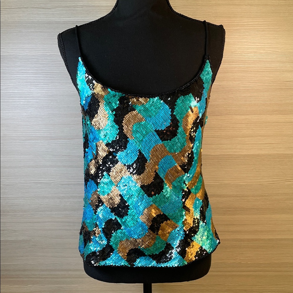 Laurence Kazar Sequin Camisole - Black, Gold, Teal Spaghetti Straps